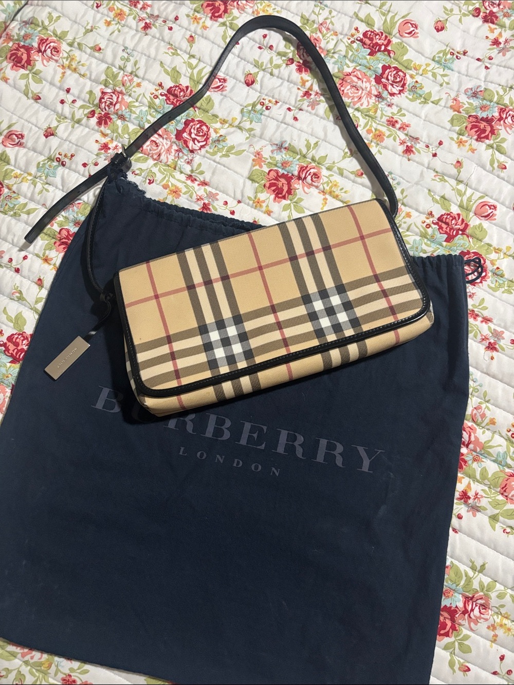 Burberry Beige Nova Check Shoulder Bag with Black Trim
